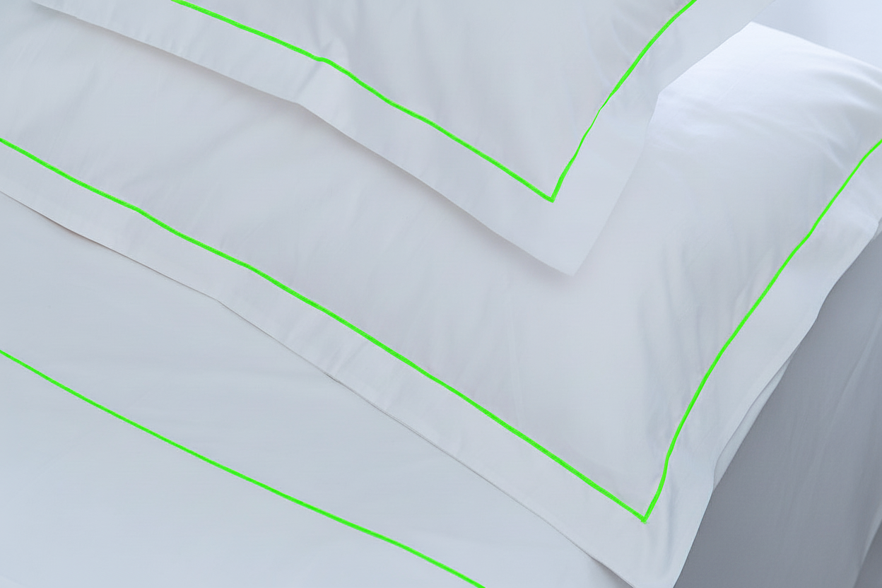 Bedding with brighter white and neon green trim