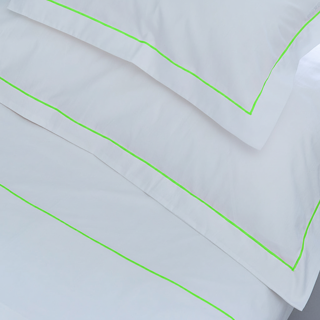 Neon green bedding with straight stitch detail
